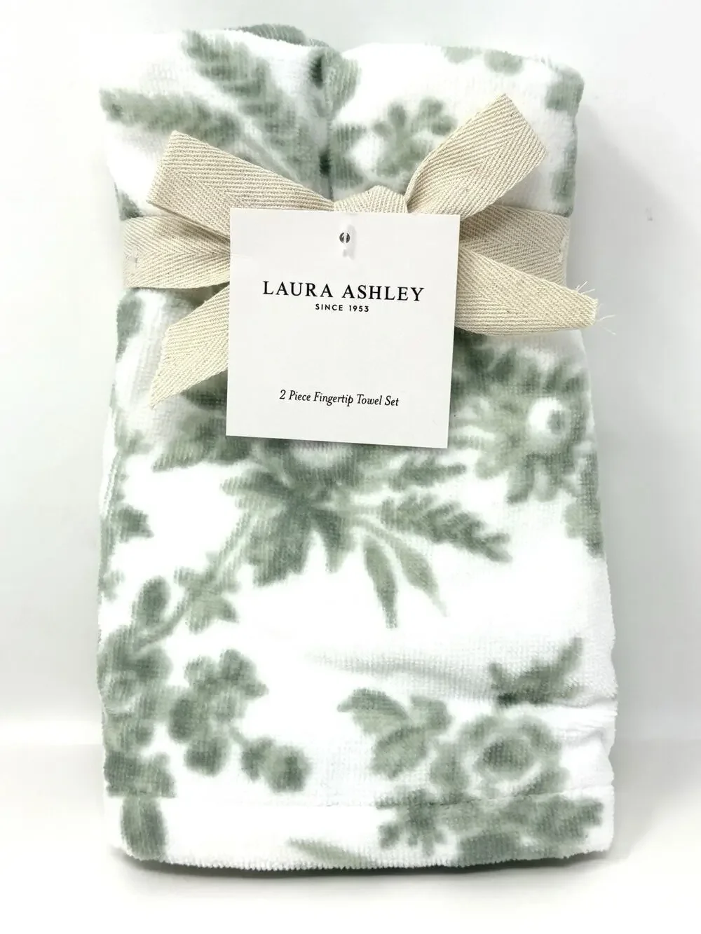 Laura Ashley Floral Bath Fingertip Towel Set 2 Pcs Green White Toile NWT Sage